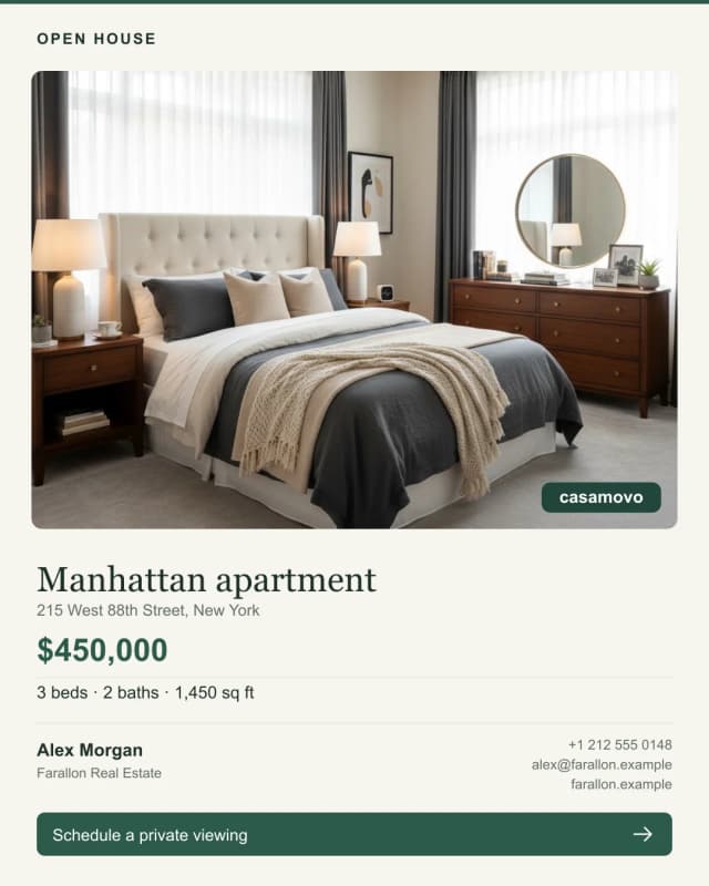 Sample open-house listing card exported from Casamovo