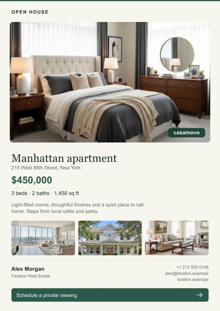 Sample branded property flyer exported from Casamovo