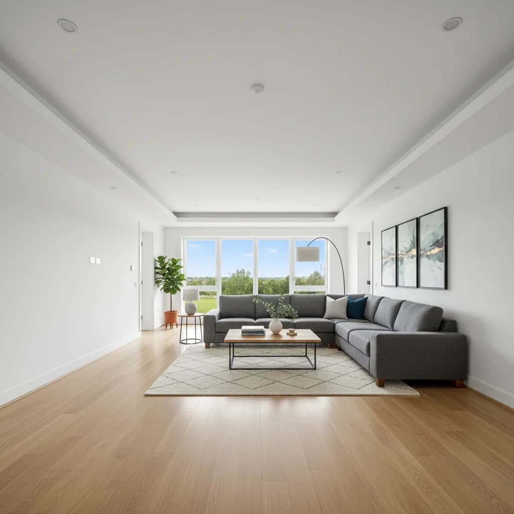 The same living room with a sofa, rug, tables, and artwork